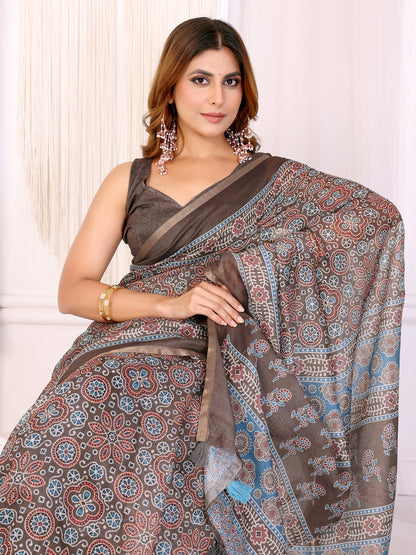 Mocha Brown Chanderi Cotton Floral Print Saree with Borders for Women