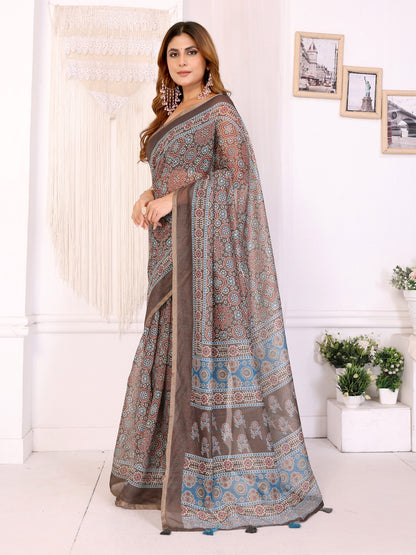Mocha Brown Chanderi Cotton Floral Print Saree with Borders for Women