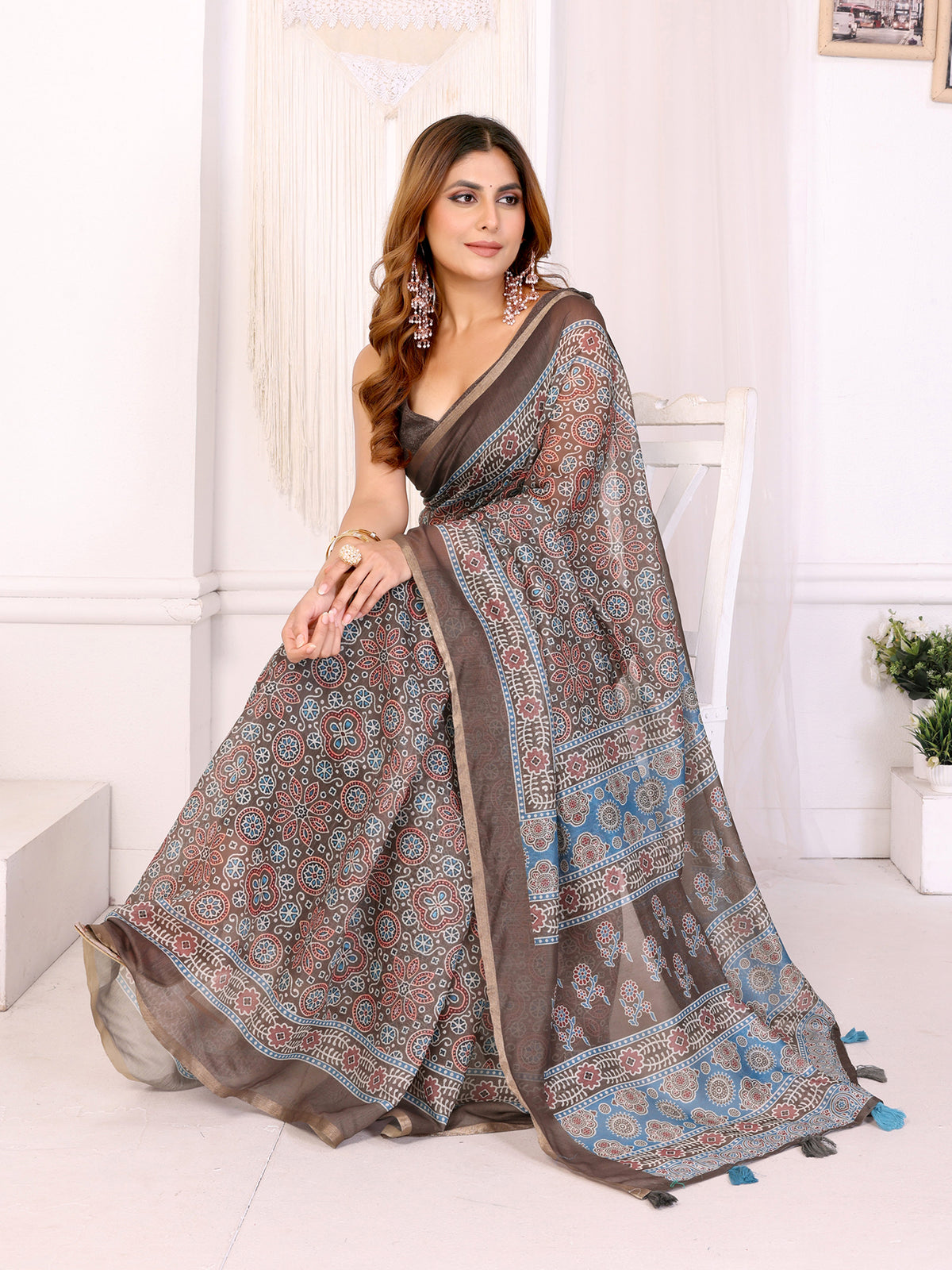 Mocha Brown Chanderi Cotton Floral Print Saree with Borders for Women