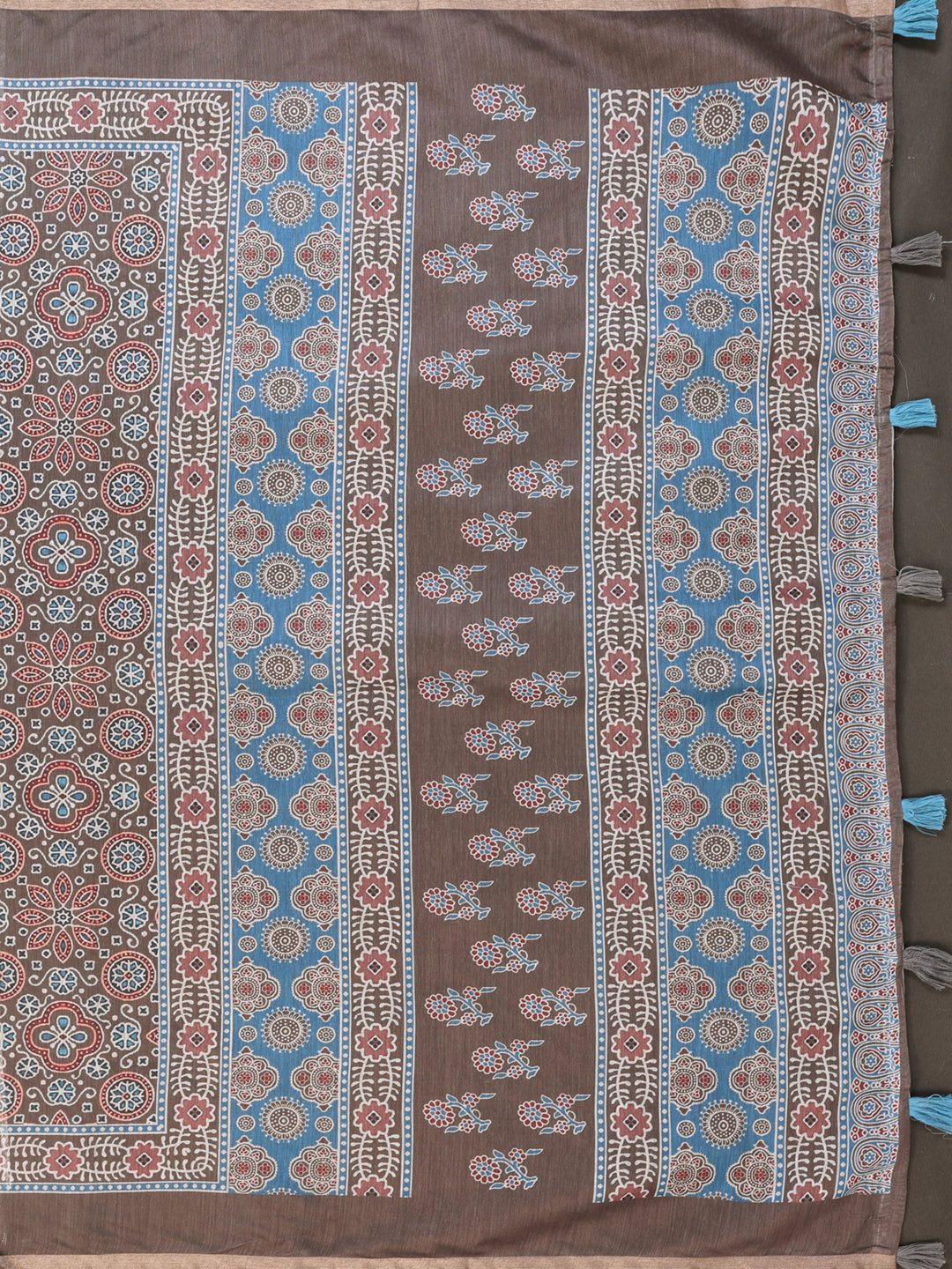 Mocha Brown Chanderi Cotton Floral Print Saree with Borders for Women