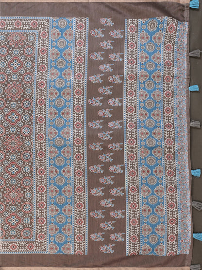 Mocha Brown Chanderi Cotton Floral Print Saree with Borders for Women