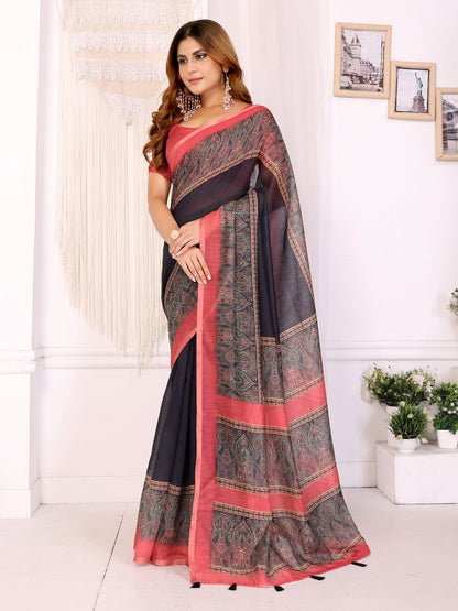 Coral Black Chanderi Cotton Paisley Print Saree with Border for Women