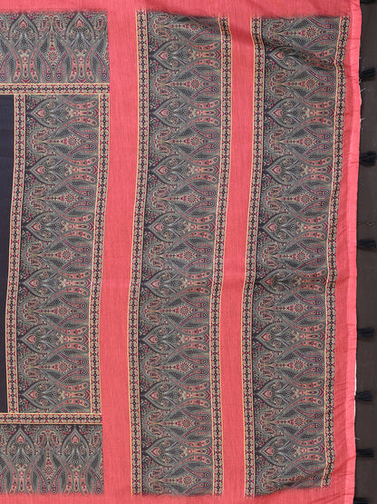 Coral Black Chanderi Cotton Paisley Print Saree with Border for Women