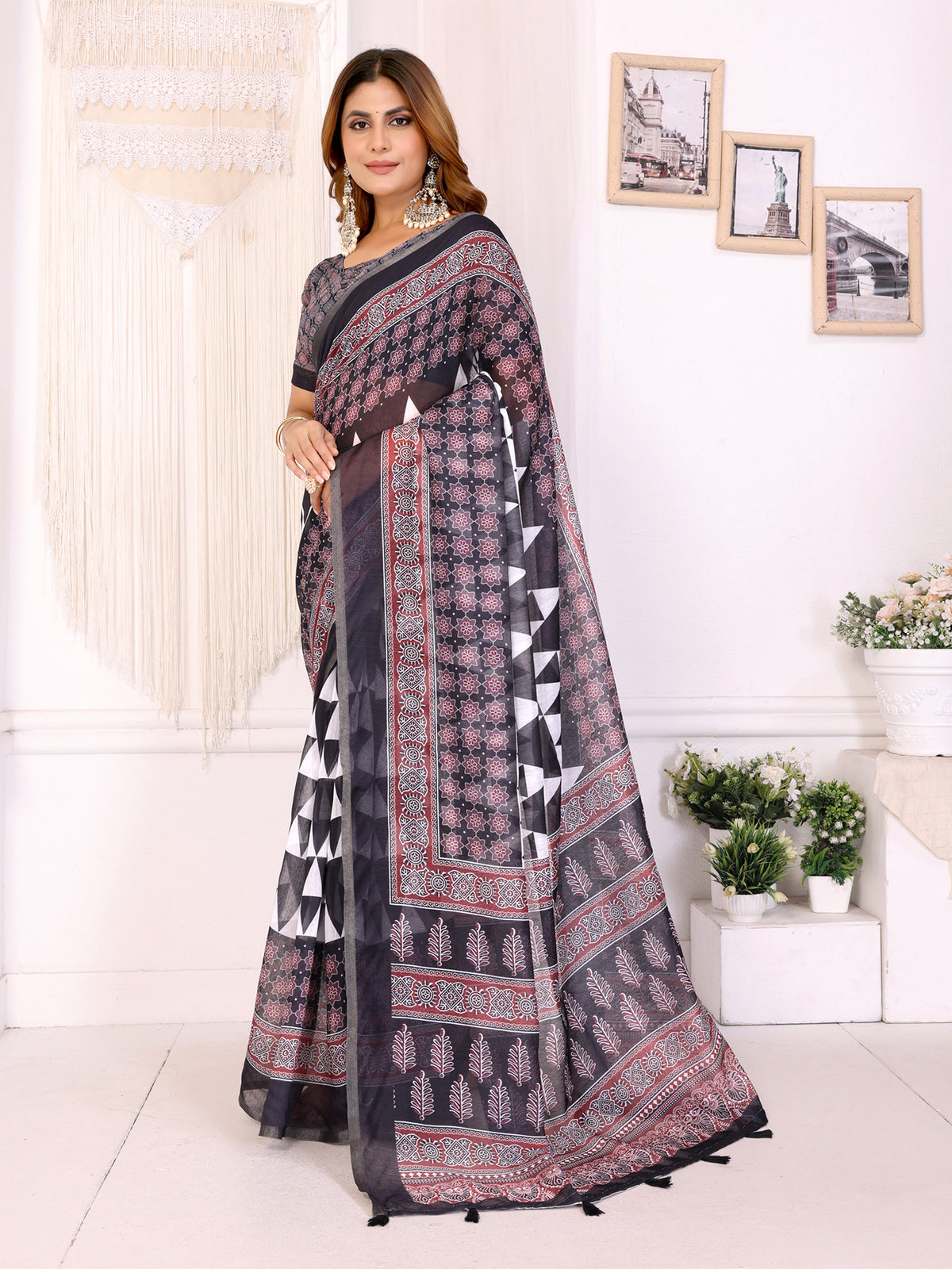 Black Chanderi Cotton Floral Saree with Wine Border Pattern for Women