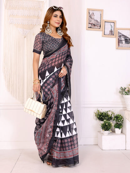 Black Chanderi Cotton Floral Saree with Wine Border Pattern for Women