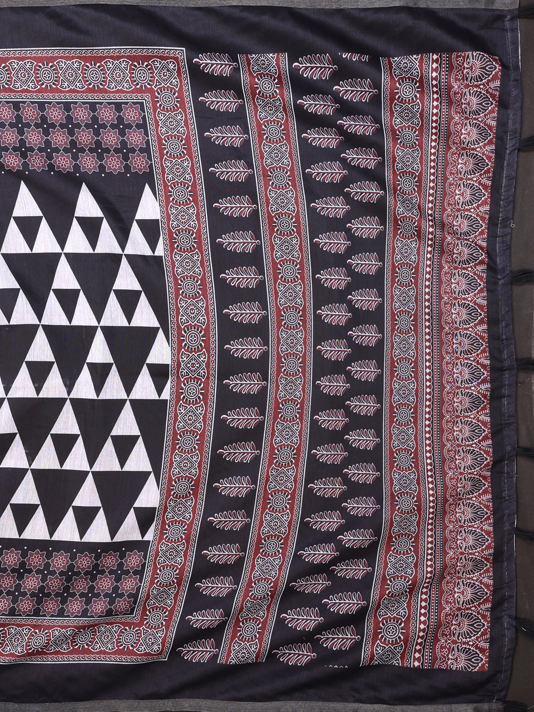 Black Chanderi Cotton Floral Saree with Wine Border Pattern for Women