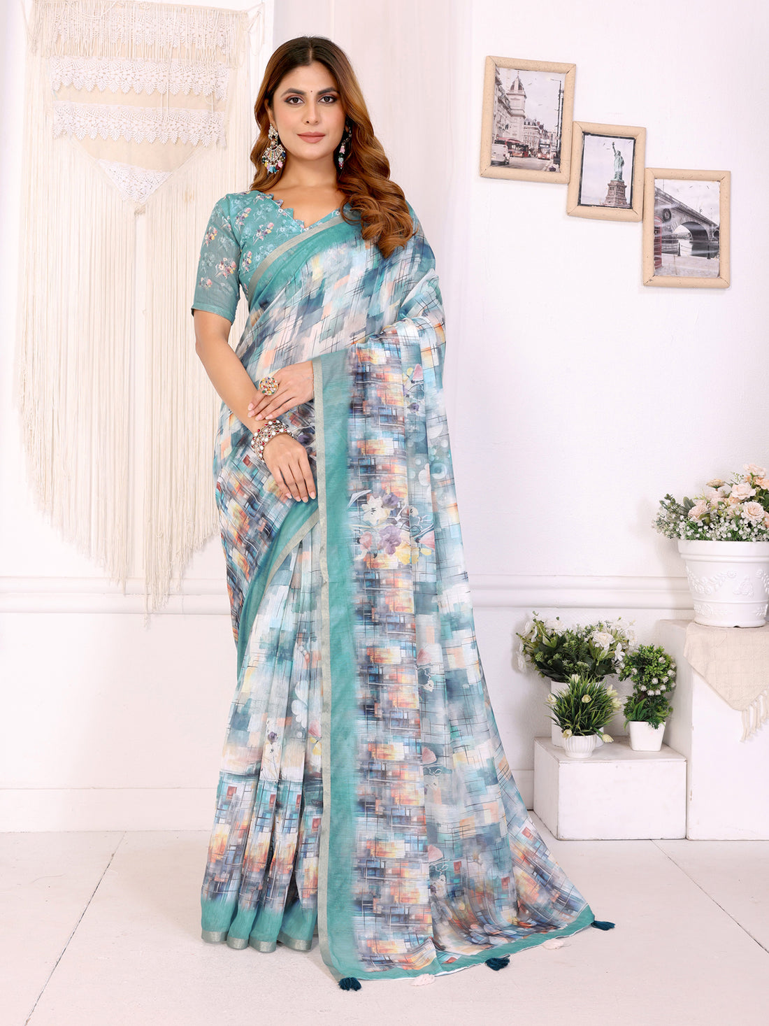 Aqua Blue Chanderi Cotton Saree with Artistic Print Designs for Women