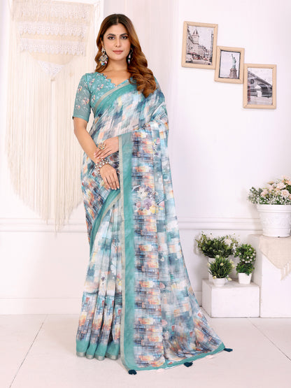 Aqua Blue Chanderi Cotton Saree with Artistic Print Designs for Women
