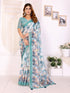 Aqua Blue Chanderi Cotton Saree with Artistic Print Designs for Women