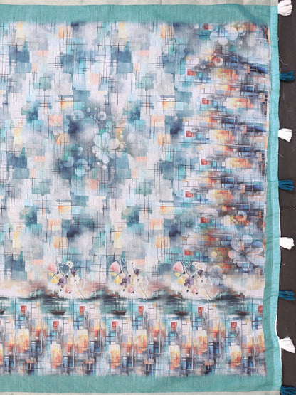 Aqua Blue Chanderi Cotton Saree with Artistic Print Designs for Women