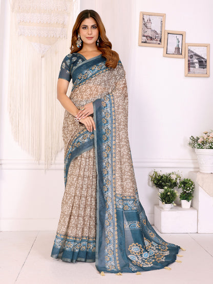 Blue Beige Floral Printed Chanderi Cotton Saree’s for Women