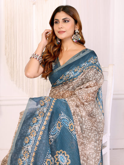 Blue Beige Floral Printed Chanderi Cotton Saree’s for Women