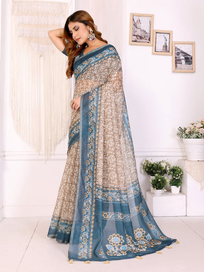 Blue Beige Floral Printed Chanderi Cotton Saree’s for Women