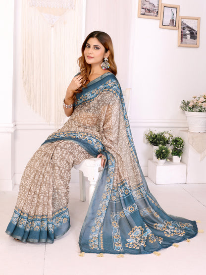 Blue Beige Floral Printed Chanderi Cotton Saree’s for Women