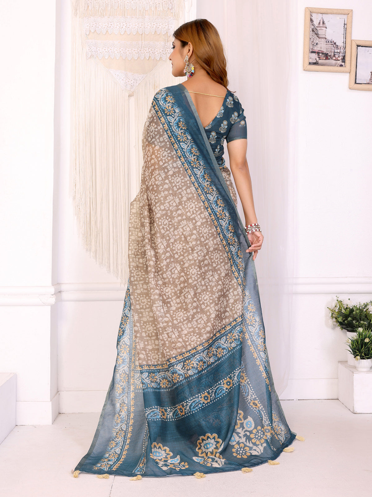 Blue Beige Floral Printed Chanderi Cotton Saree’s for Women