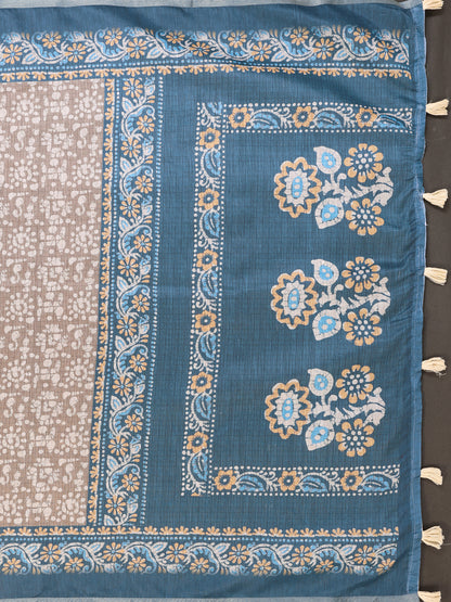 Blue Beige Floral Printed Chanderi Cotton Saree’s for Women