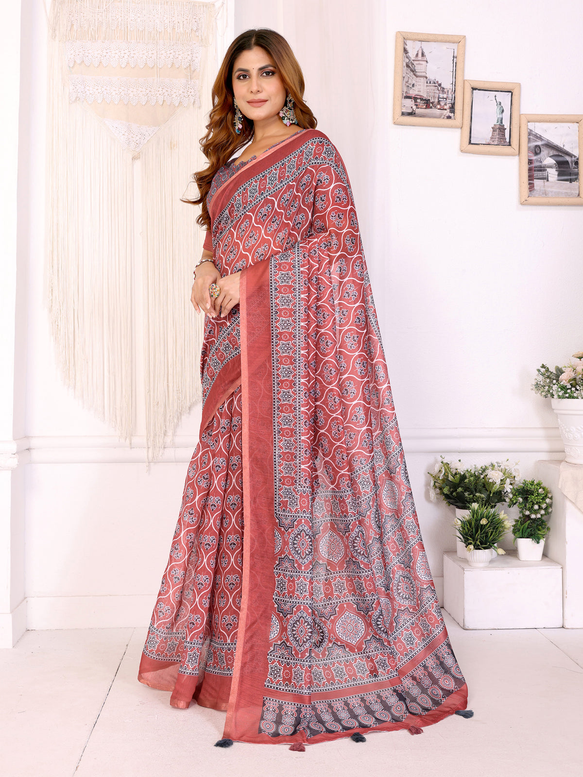 Rust Printed Chanderi Cotton Saree with Traditional Borders for Women