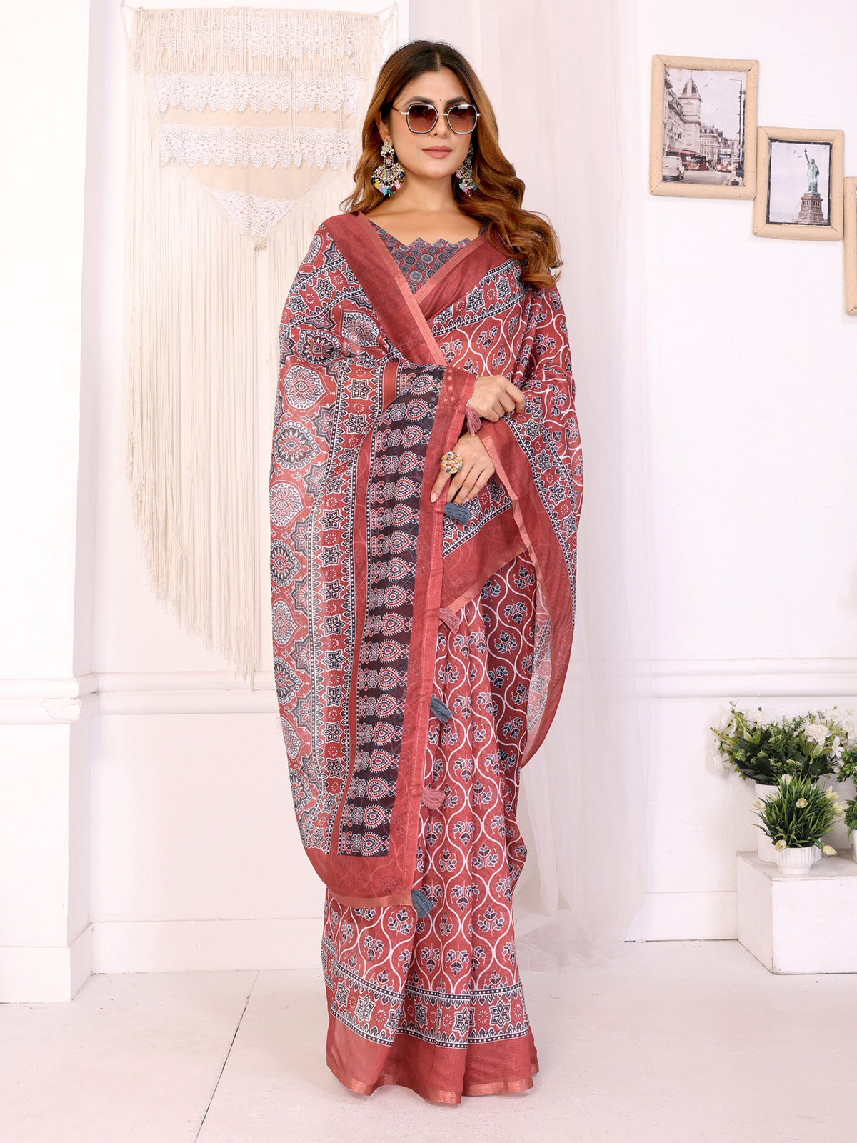 Rust Printed Chanderi Cotton Saree with Traditional Borders for Women