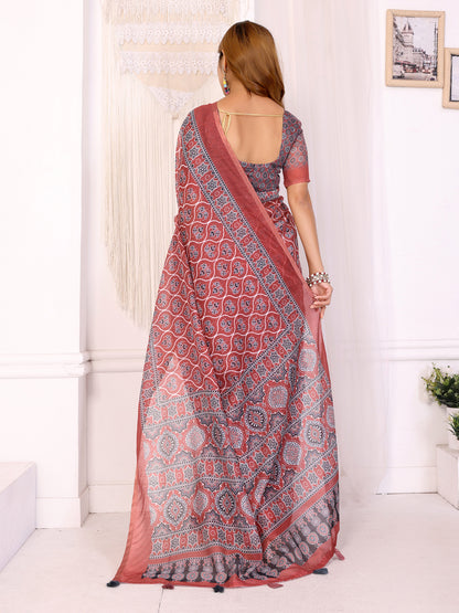 Rust Printed Chanderi Cotton Saree with Traditional Borders for Women