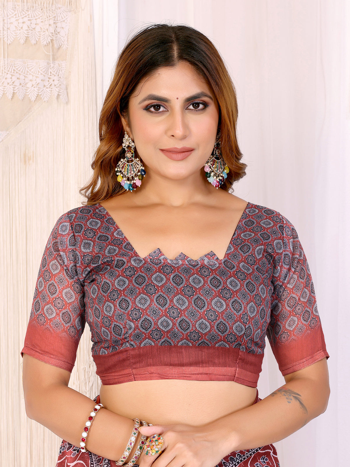 Rust Printed Chanderi Cotton Saree with Traditional Borders for Women