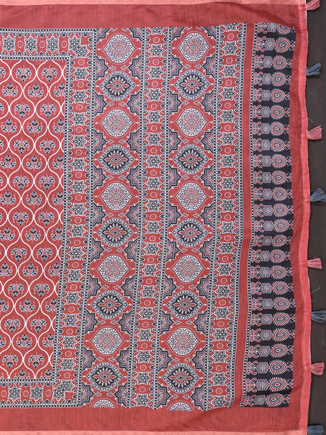 Rust Printed Chanderi Cotton Saree with Traditional Borders for Women