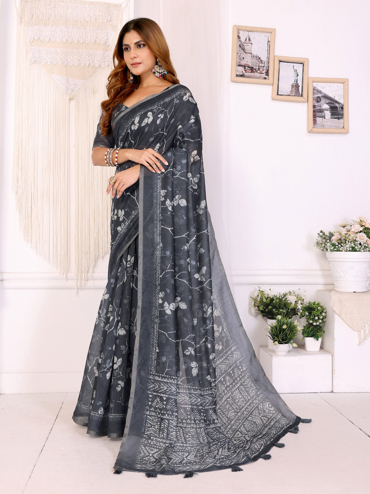Charcoal Grey Printed Chanderi Cotton Saree with Tassels for Women