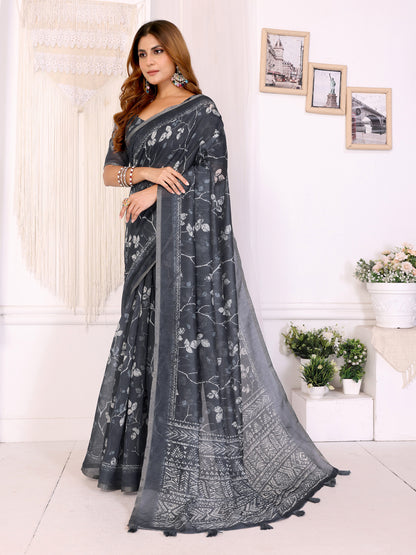 Charcoal Grey Printed Chanderi Cotton Saree with Tassels for Women