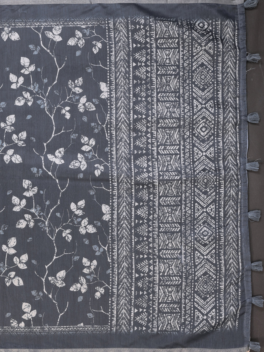Charcoal Grey Printed Chanderi Cotton Saree with Tassels for Women