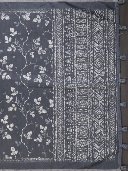 Charcoal Grey Printed Chanderi Cotton Saree with Tassels for Women