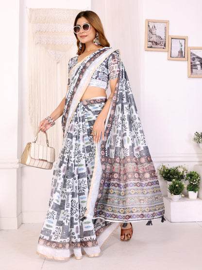 White Chanderi Cotton Printed Saree with Elegant Border for Women