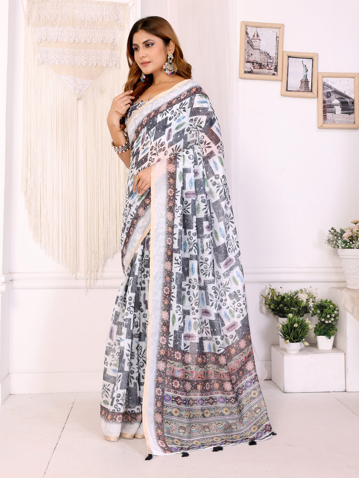 White Chanderi Cotton Printed Saree with Elegant Border for Women