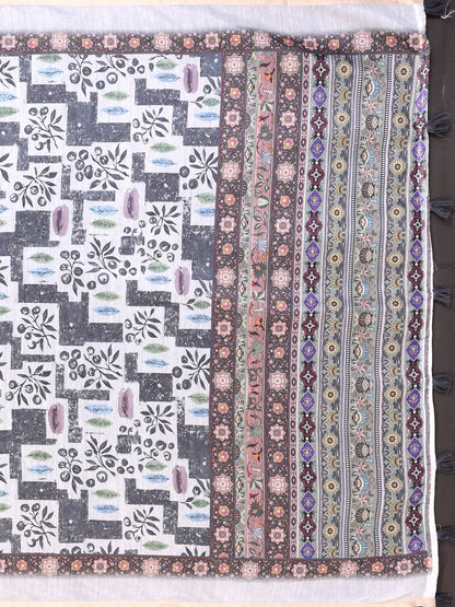 White Chanderi Cotton Printed Saree with Elegant Border for Women