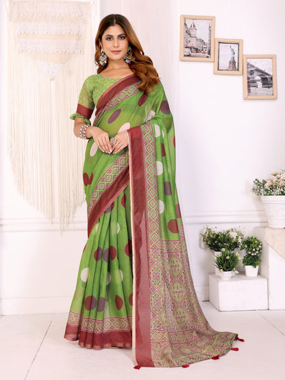 Green Chanderi Cotton Printed Saree with Maroon Borders for Women