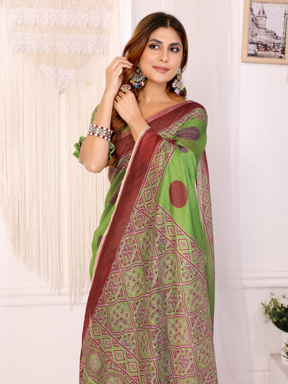 Green Chanderi Cotton Printed Saree with Maroon Borders for Women