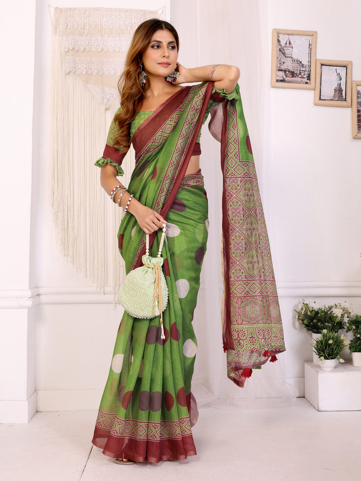 Green Chanderi Cotton Printed Saree with Maroon Borders for Women