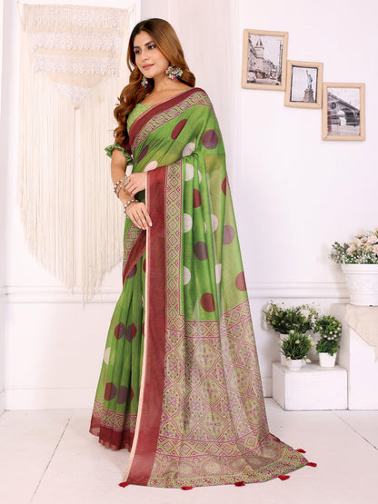 Green Chanderi Cotton Printed Saree with Maroon Borders for Women