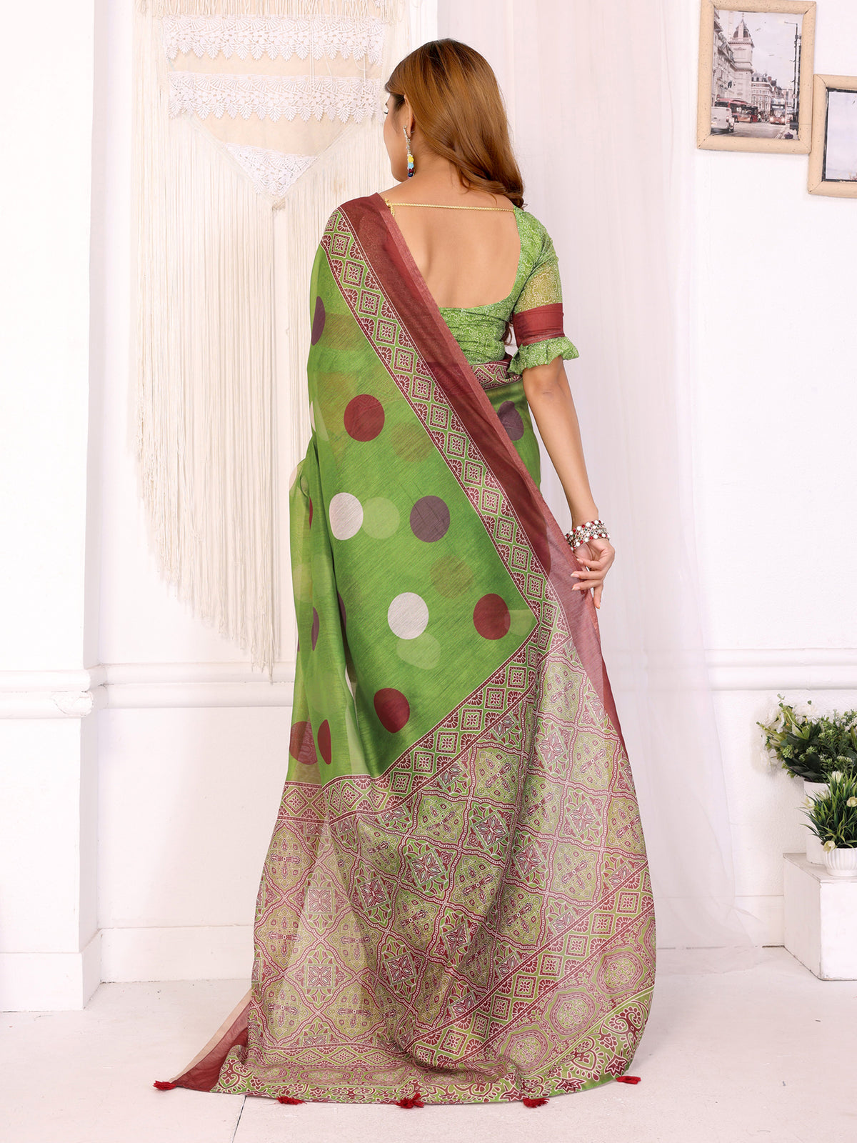 Green Chanderi Cotton Printed Saree with Maroon Borders for Women