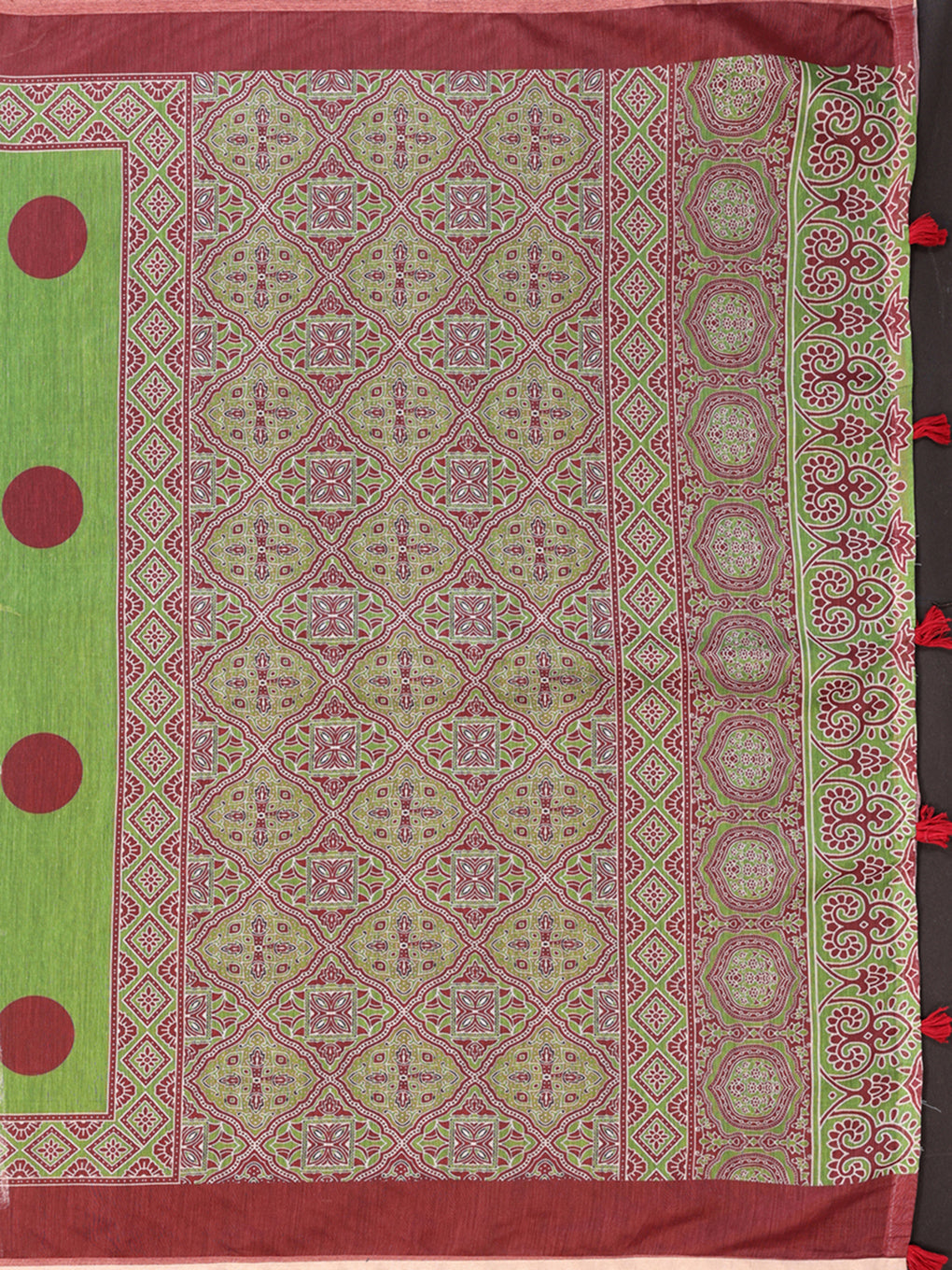 Green Chanderi Cotton Printed Saree with Maroon Borders for Women