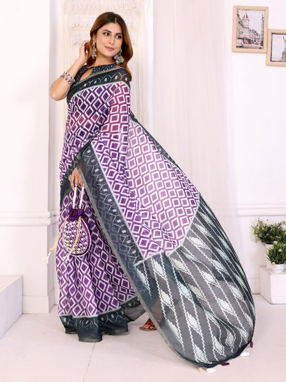Purple Geometric Chanderi Cotton Saree with Contrast Border for Women
