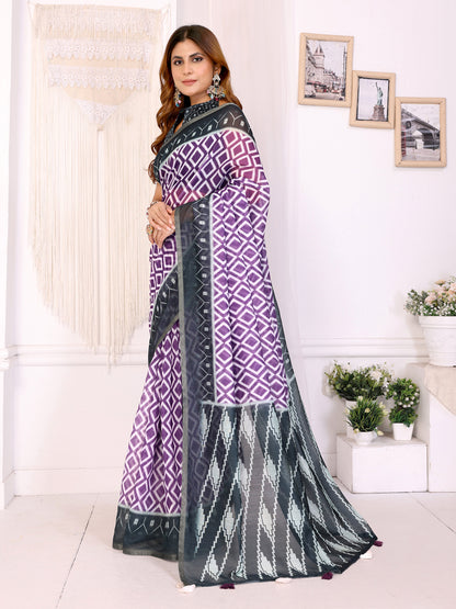 Purple Geometric Chanderi Cotton Saree with Contrast Border for Women