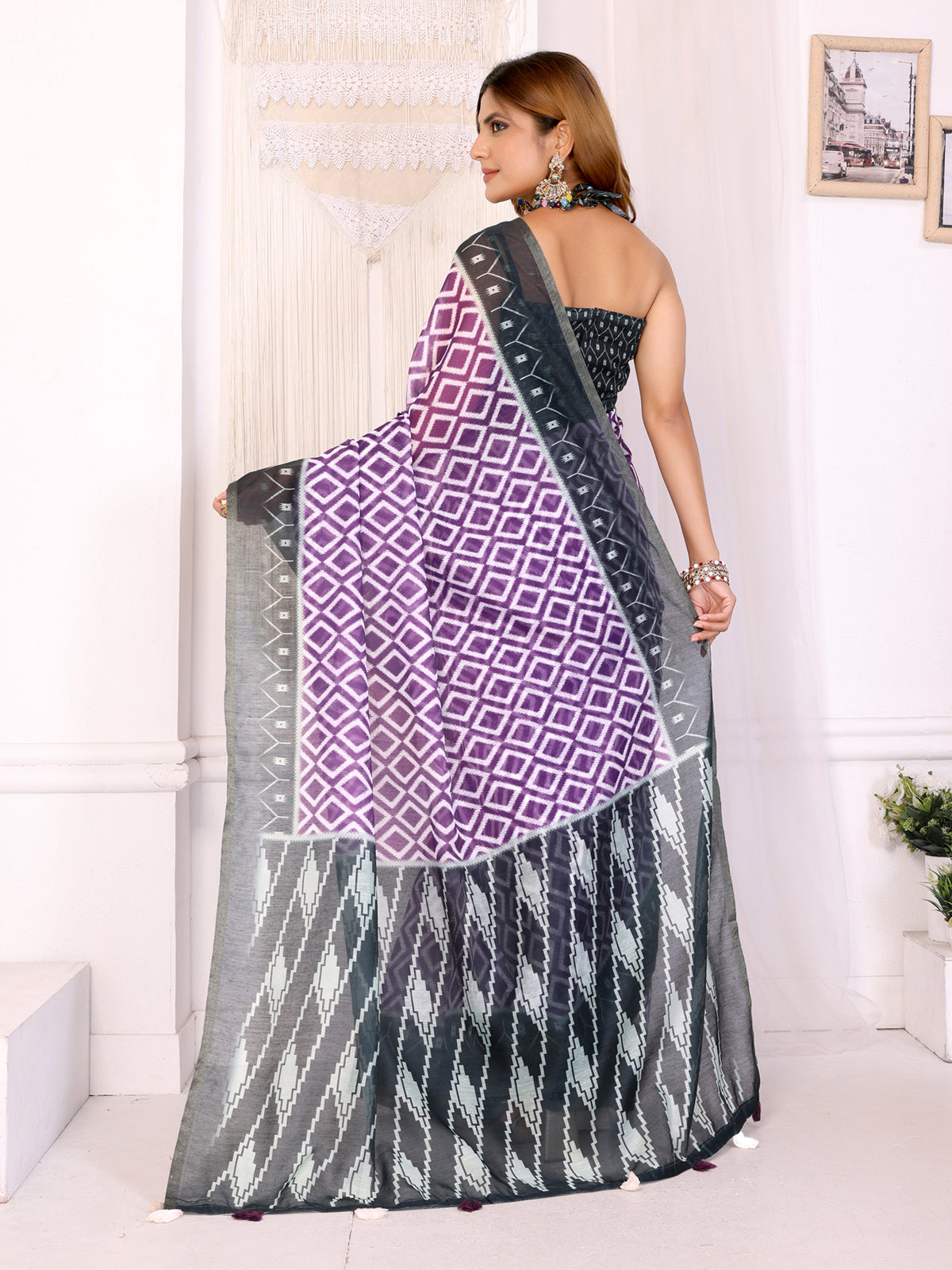 Purple Geometric Chanderi Cotton Saree with Contrast Border for Women
