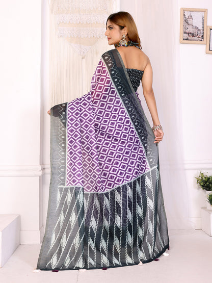 Purple Geometric Chanderi Cotton Saree with Contrast Border for Women