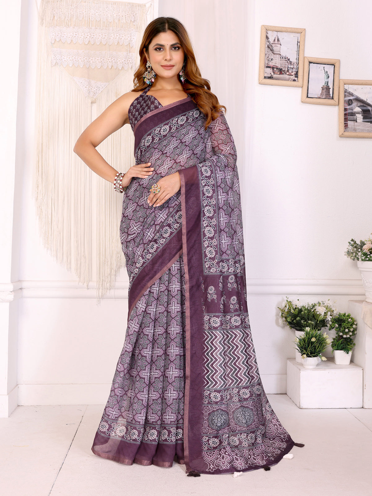 Purple Printed Chanderi Cotton Saree With Patterned Border for Women