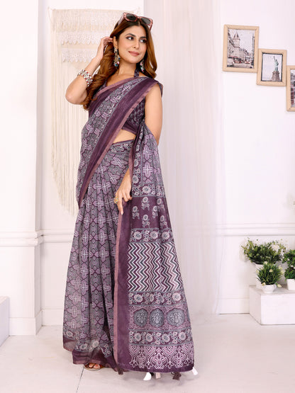 Purple Printed Chanderi Cotton Saree With Patterned Border for Women