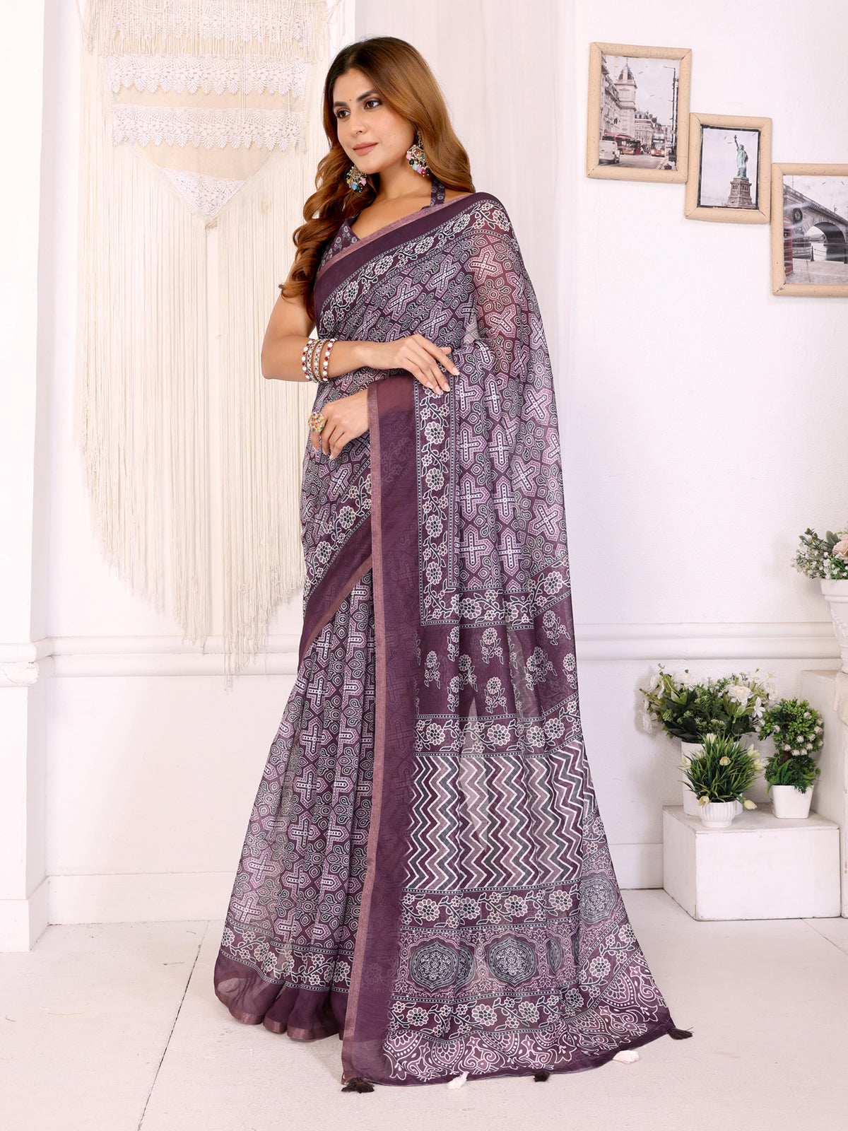 Purple Printed Chanderi Cotton Saree With Patterned Border for Women