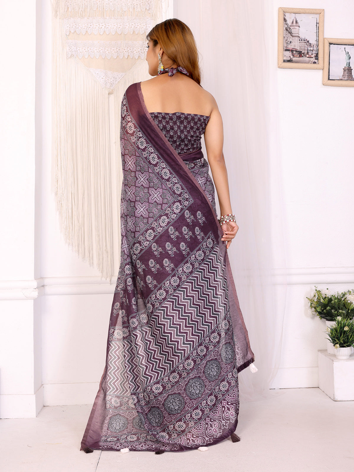 Purple Printed Chanderi Cotton Saree With Patterned Border for Women
