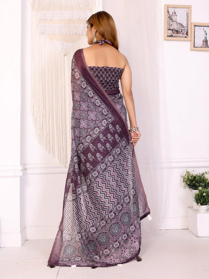 Purple Printed Chanderi Cotton Saree With Patterned Border for Women