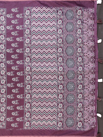 Purple Printed Chanderi Cotton Saree With Patterned Border for Women