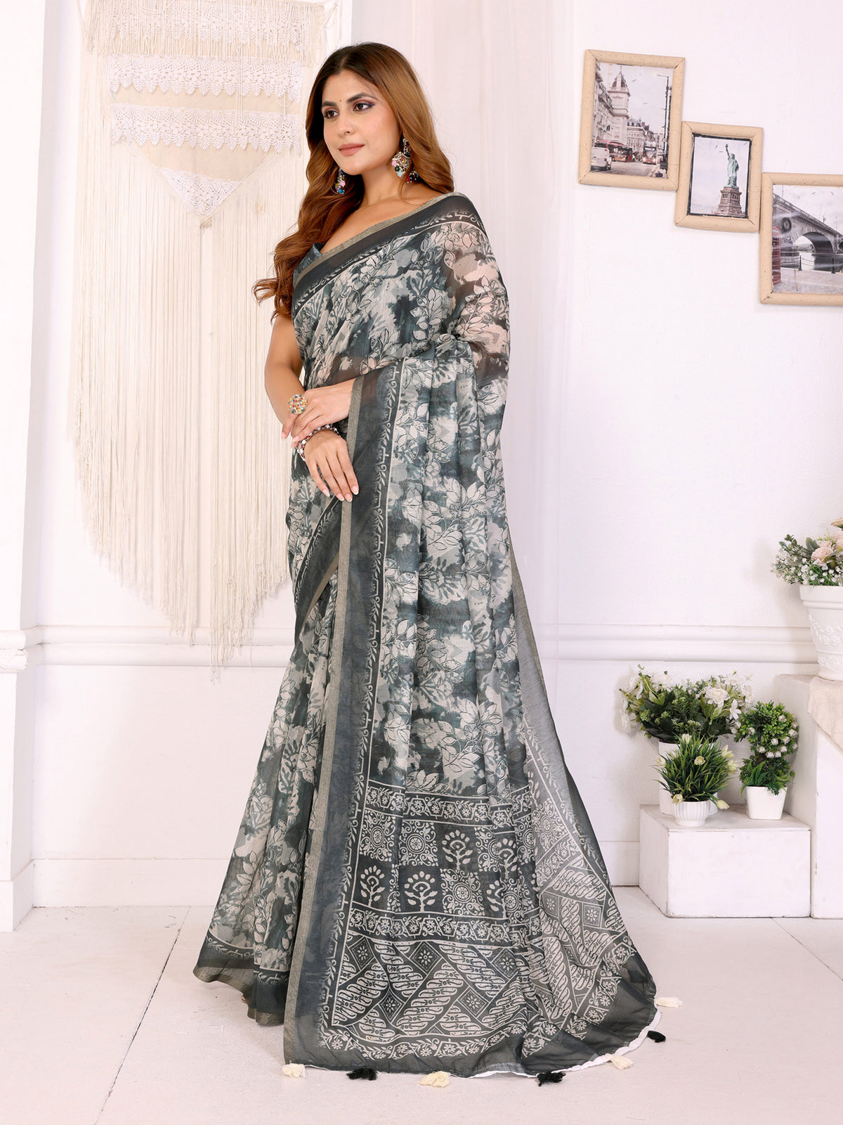 Slate Grey Floral Chanderi Cotton Saree with Printed Pallu for Women