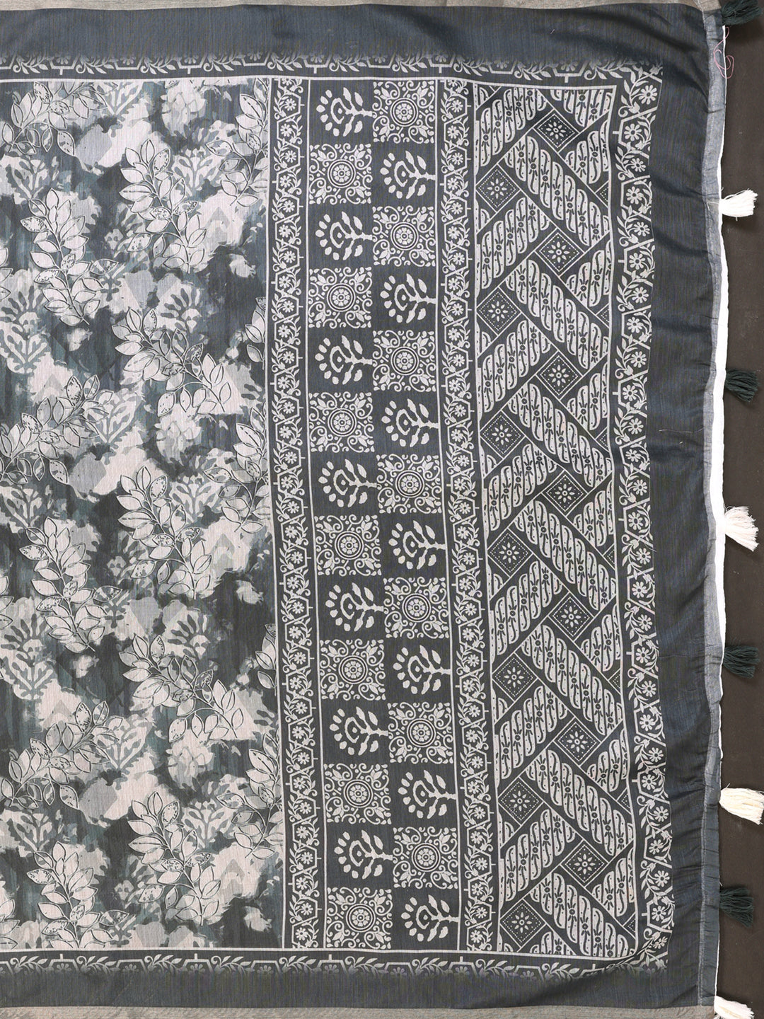 Slate Grey Floral Chanderi Cotton Saree with Printed Pallu for Women